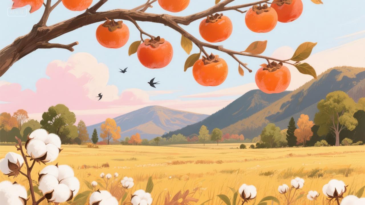 秋分节气柿子棉花田园丰收插画背景