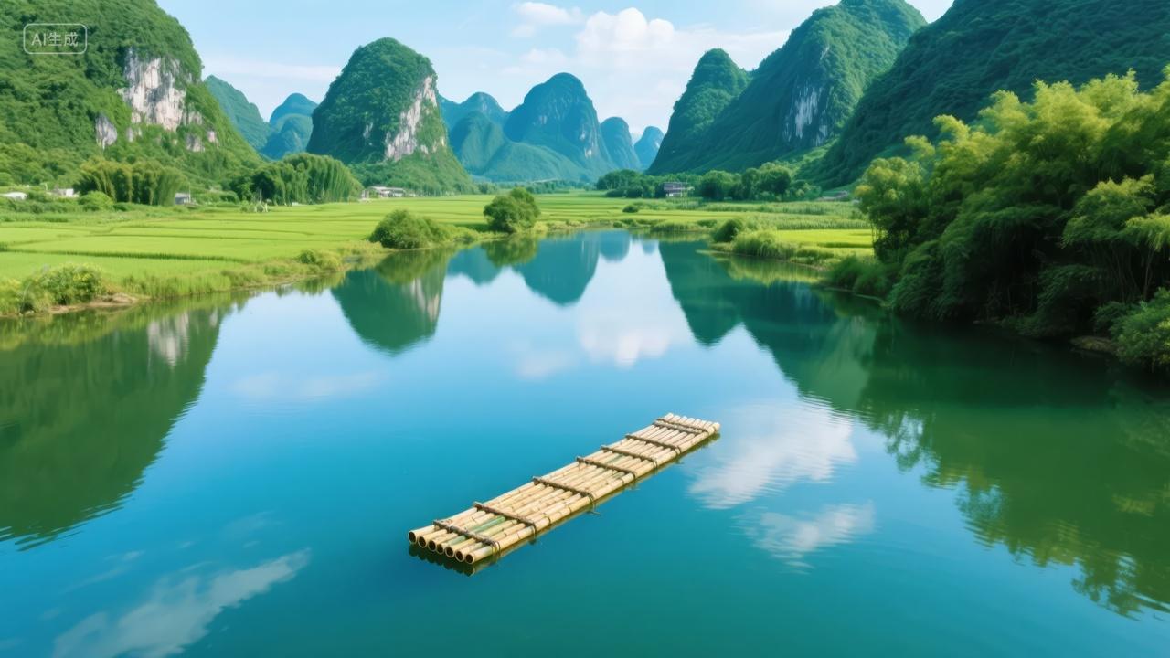 国庆节桂林山水竹筏旅游自然风光背景图