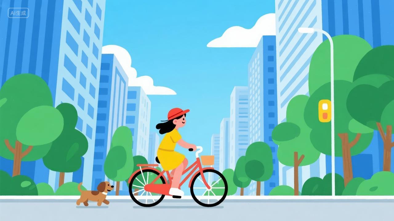 城市女孩骑行宠物狗低碳环保生活插画背景