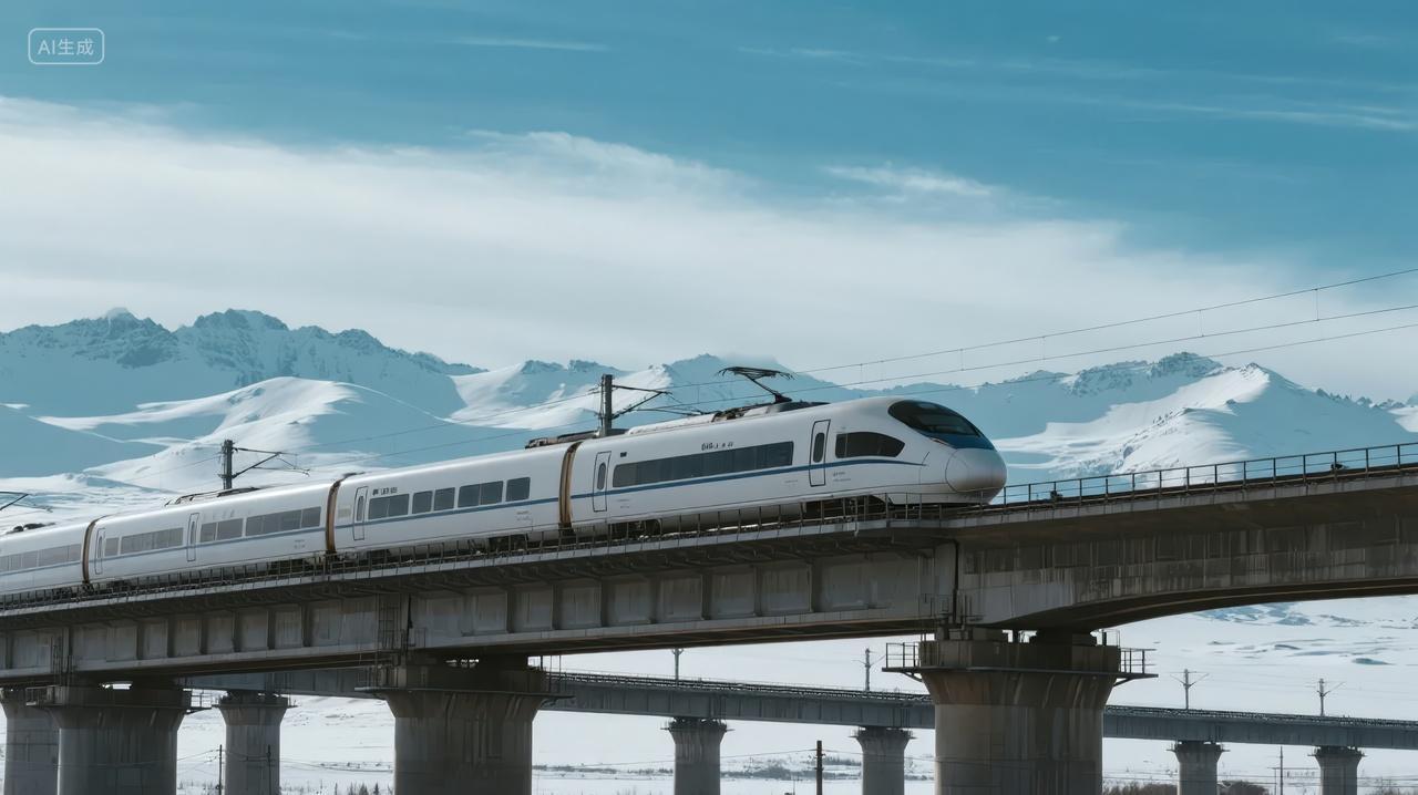 高铁雪山冬季出行春运交通发展背景图