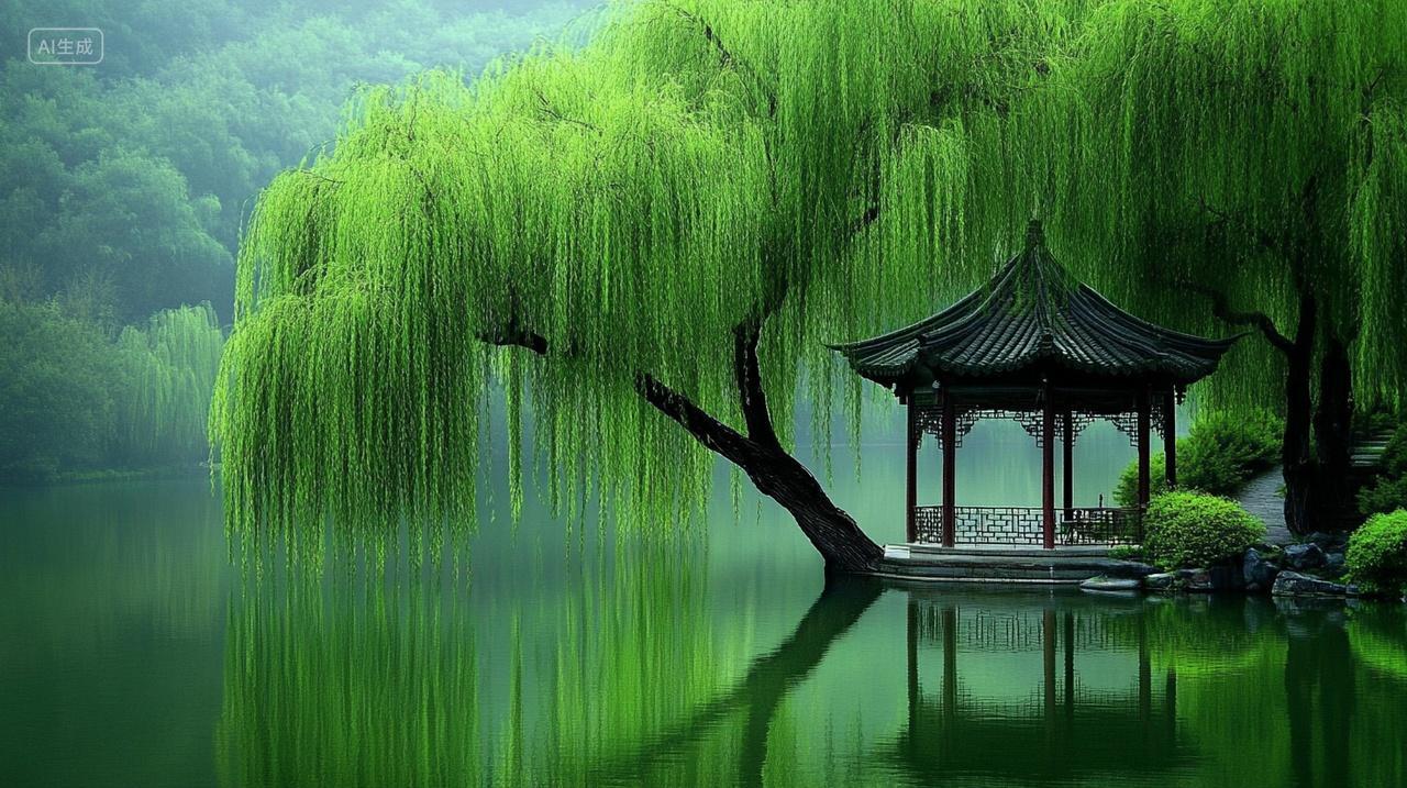 夏季湖面上的垂柳柳枝凉亭自然风景清新背景