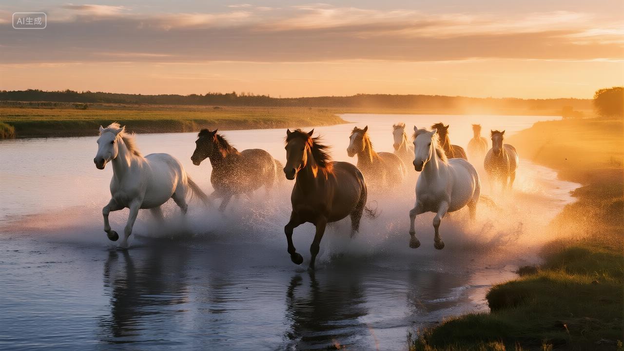 八骏图群马奔腾日落河流成功企业精神背景