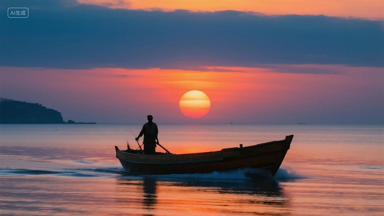 渔夫小船日落孤舟江河湖海宁静唯美背景
