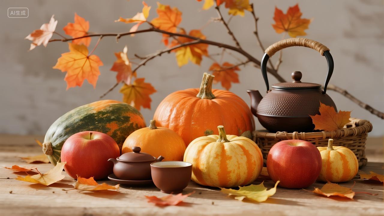 立秋节气中秋节南瓜枫叶丰收静物背景图