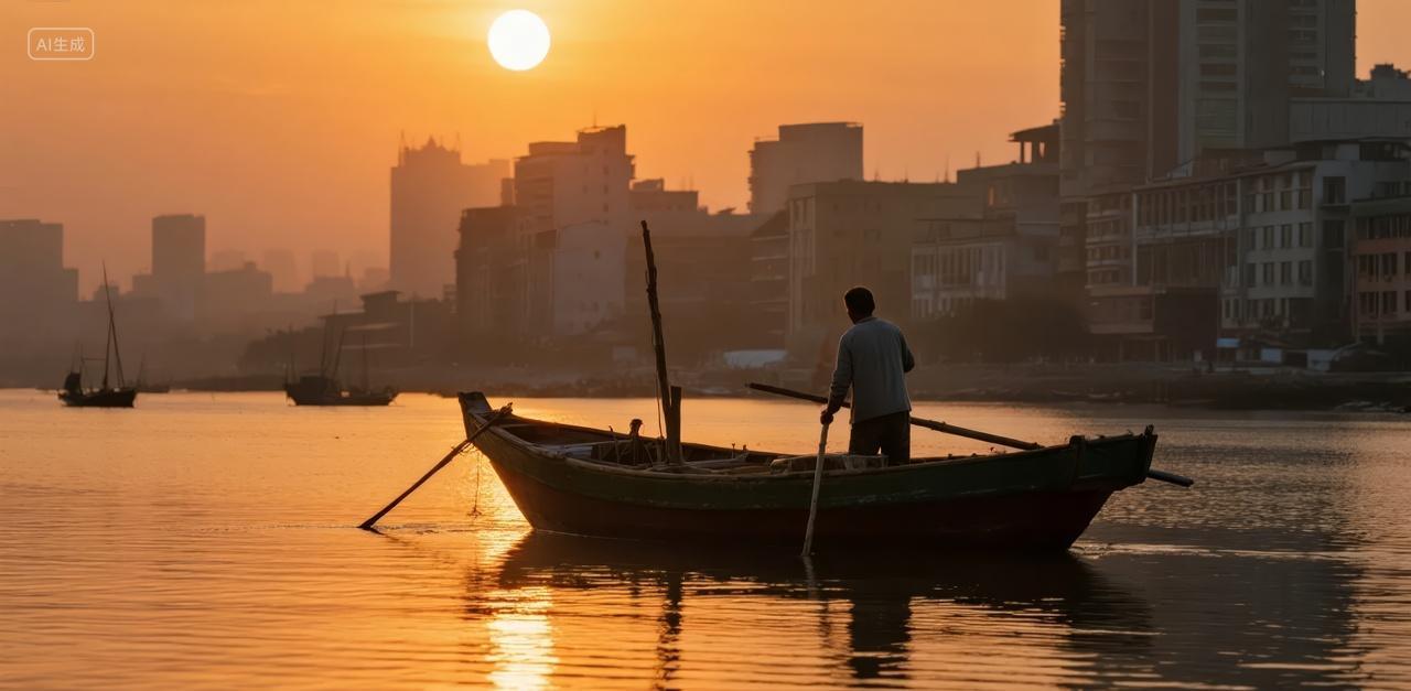 立秋节气江边渔夫日出剪影劳动生活背景