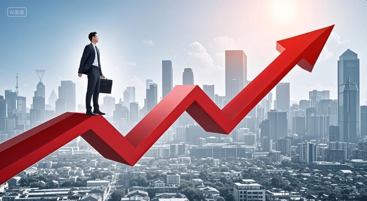 商务人士站立箭头之上业绩增长成功背景