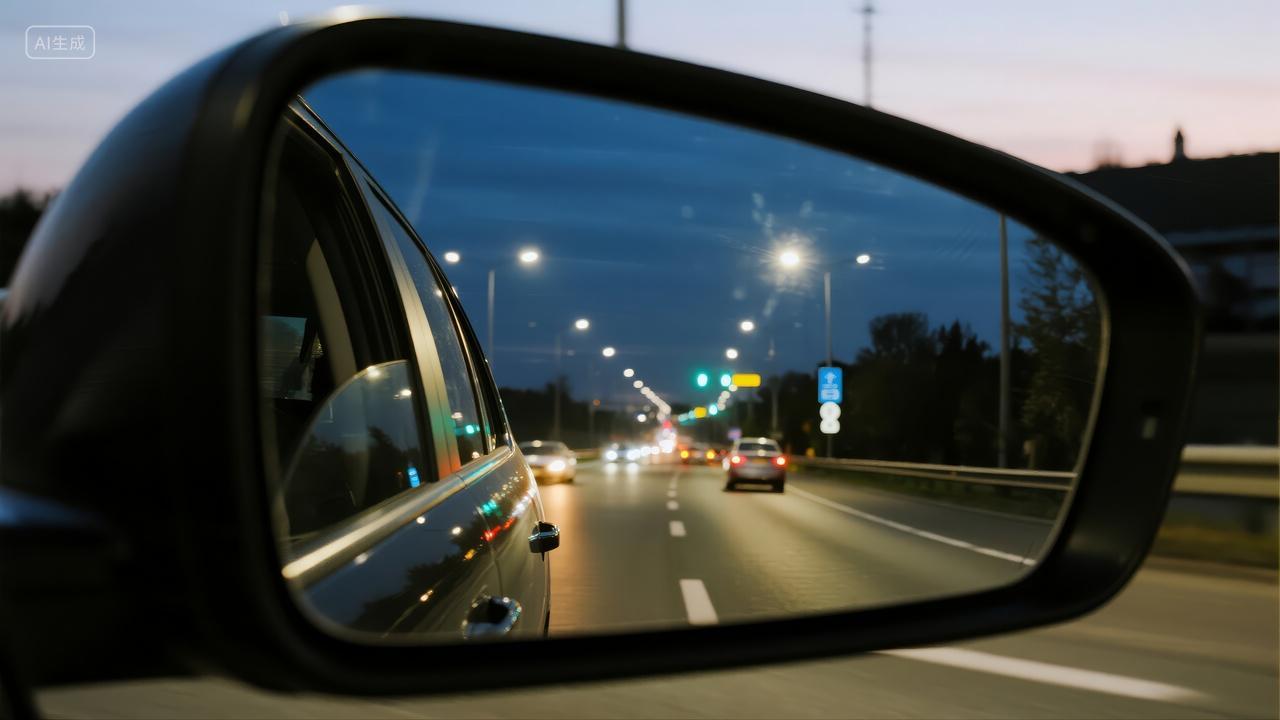 汽车后视镜夜间行车城市道路交通背景图