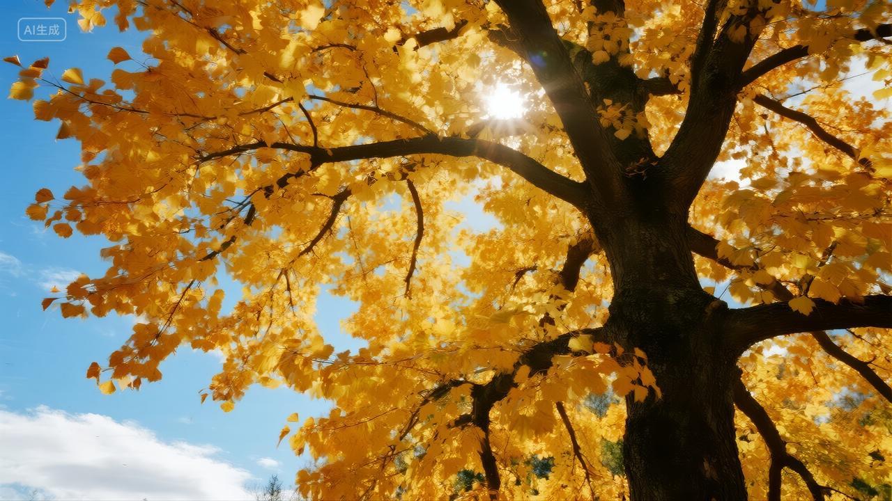 立秋节气金色枫叶阳光穿透秋日背景图