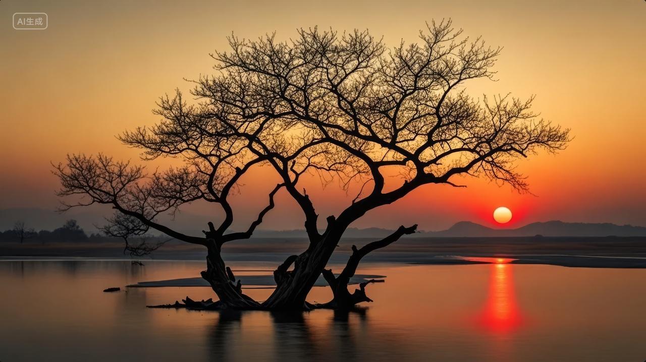 立秋节气湖中孤树日落黄昏生命力背景图