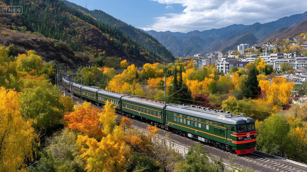 绿皮火车山谷行驶秋天自然风景旅行图片
