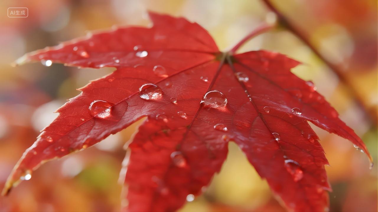 寒露节气红枫露珠秋季唯美特写背景图
