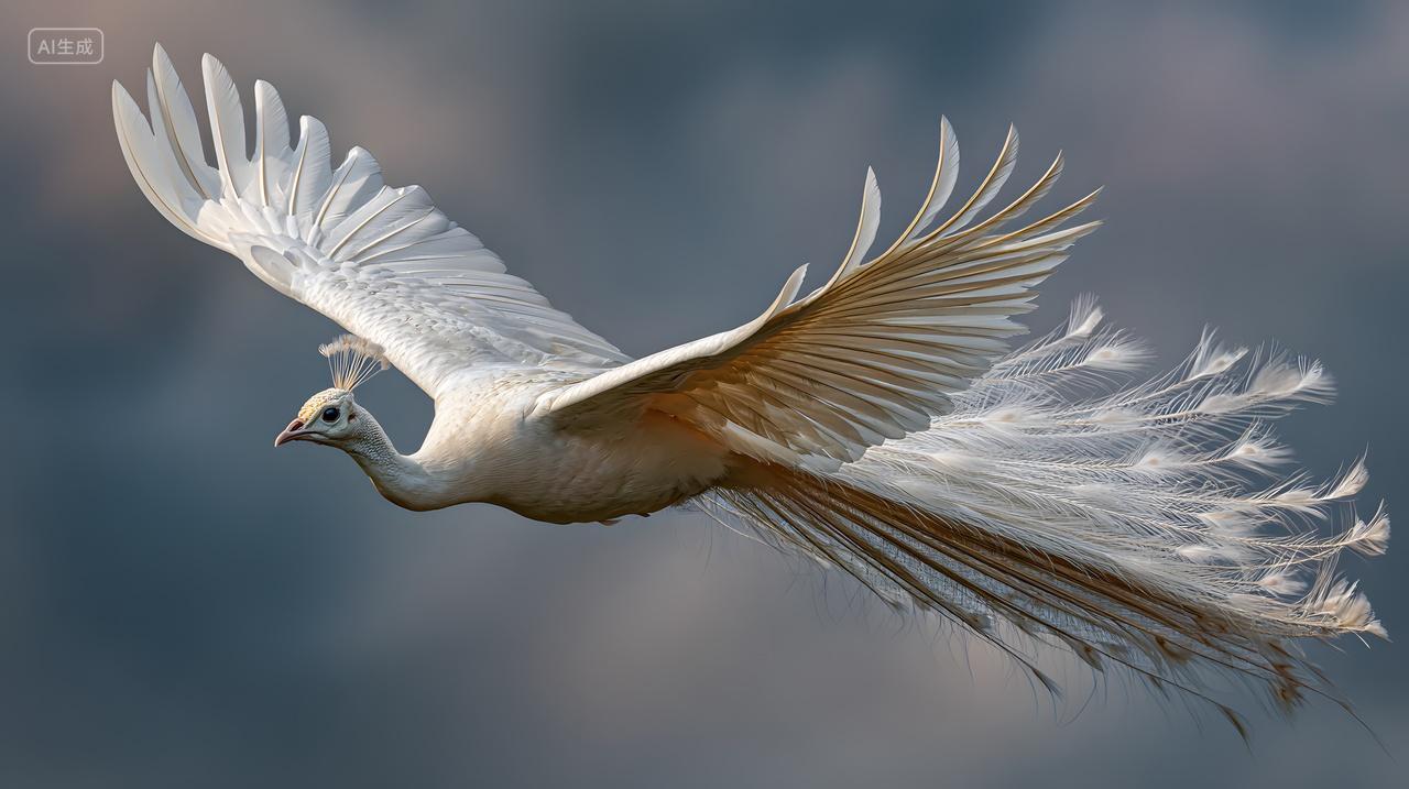 白色孔雀展翅飞行天空白天自然风景展示图片