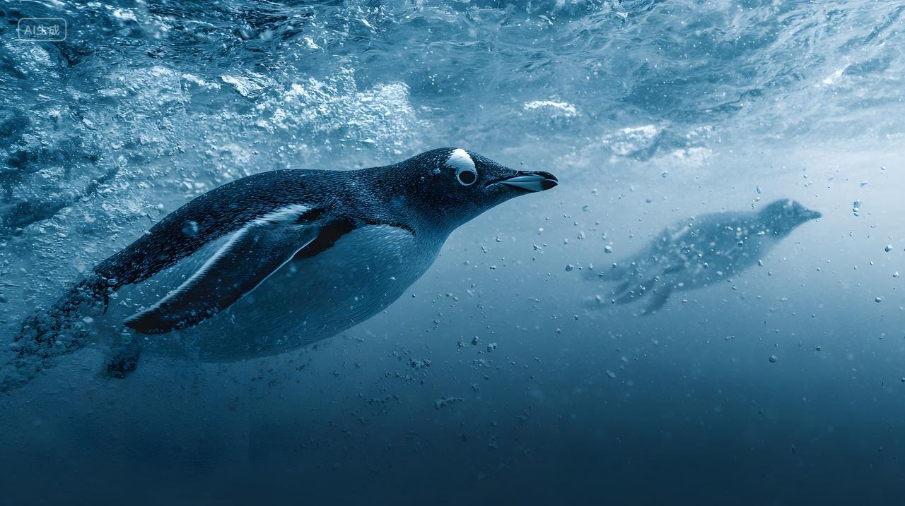 两只企鹅在海洋中游泳的极地动物生态摄影图