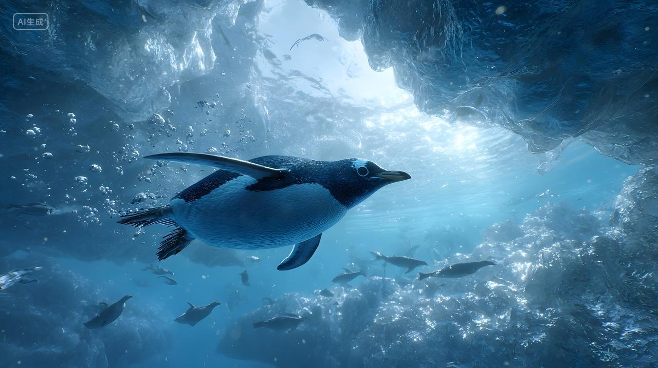 海洋中游泳的企鹅极地动物自然生态摄影图