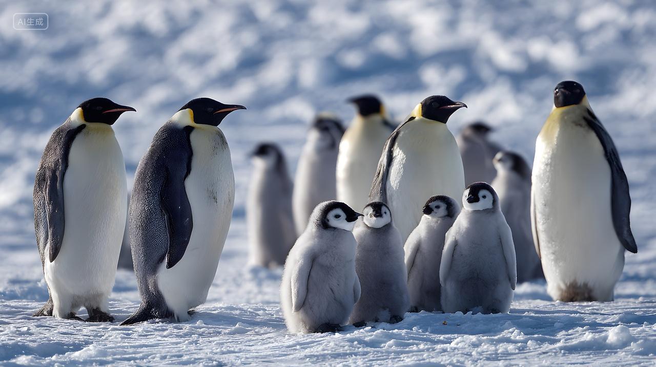 一群企鹅站在雪地白天自然风景探险图片