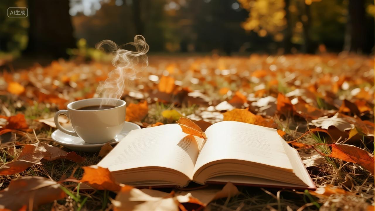 秋分节气落叶咖啡阅读休闲生活方式背景