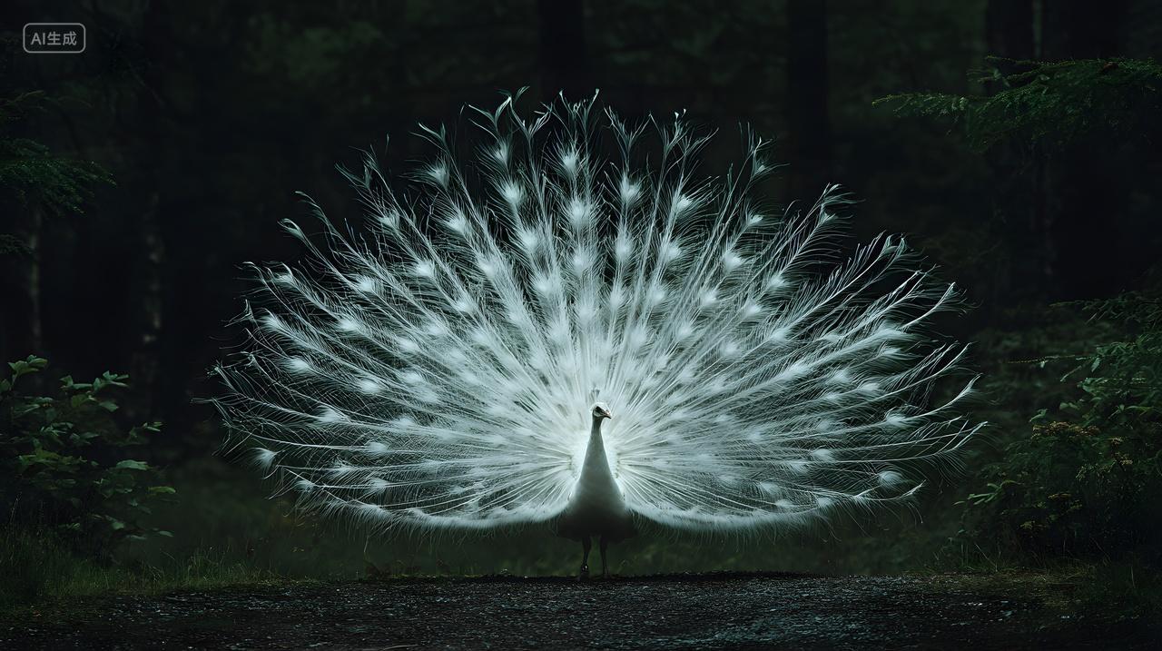 孔雀展开白色尾羽夜晚自然风景展示图片