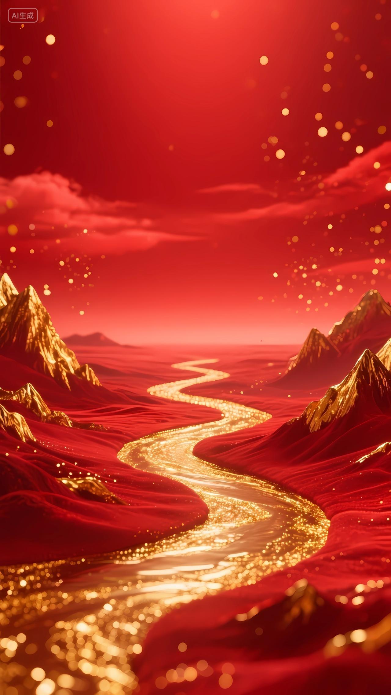 风景画长卷轴水墨画中国风场景圆窗望山河蜿蜒曲折的长城连绵起伏的