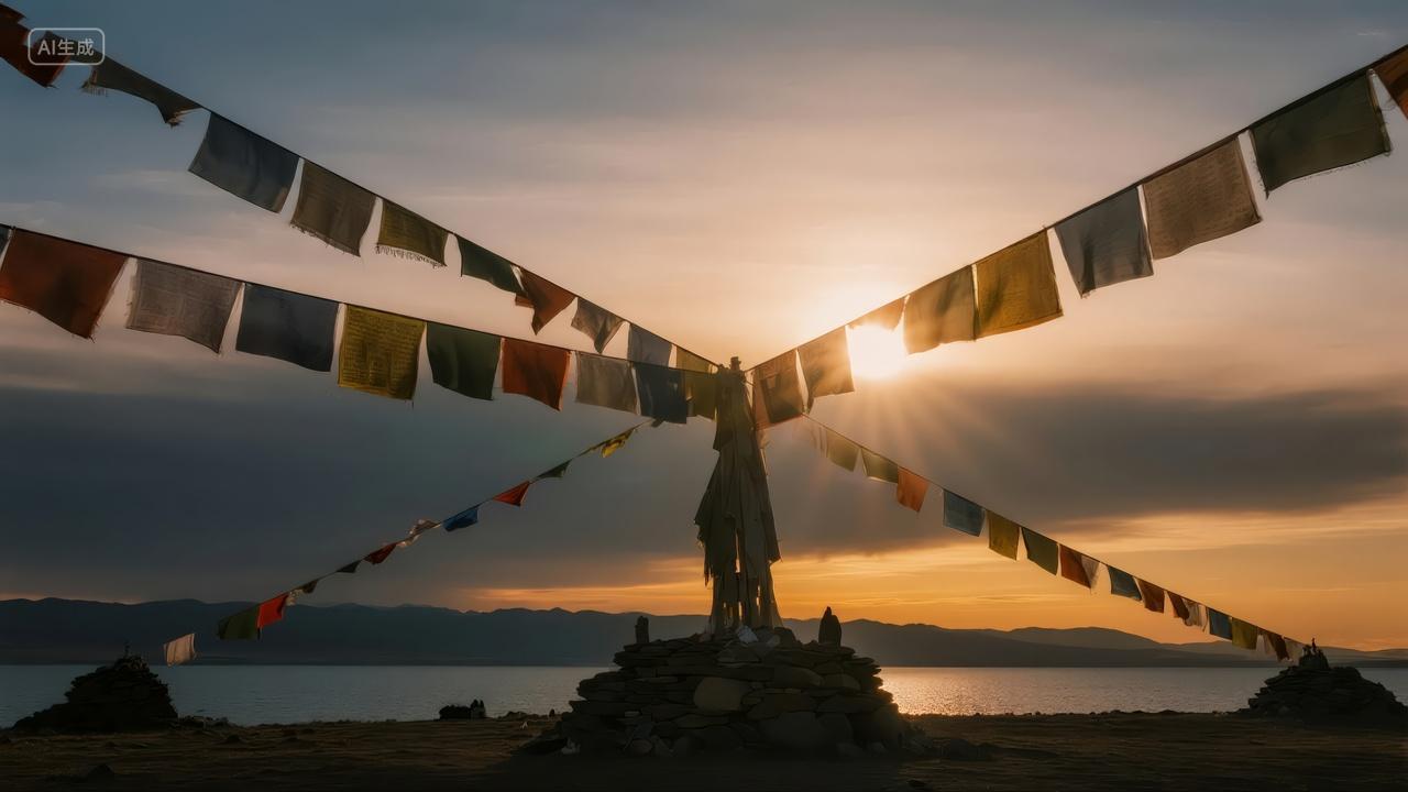 国庆节旅游西藏经幡日出希望祈福背景图