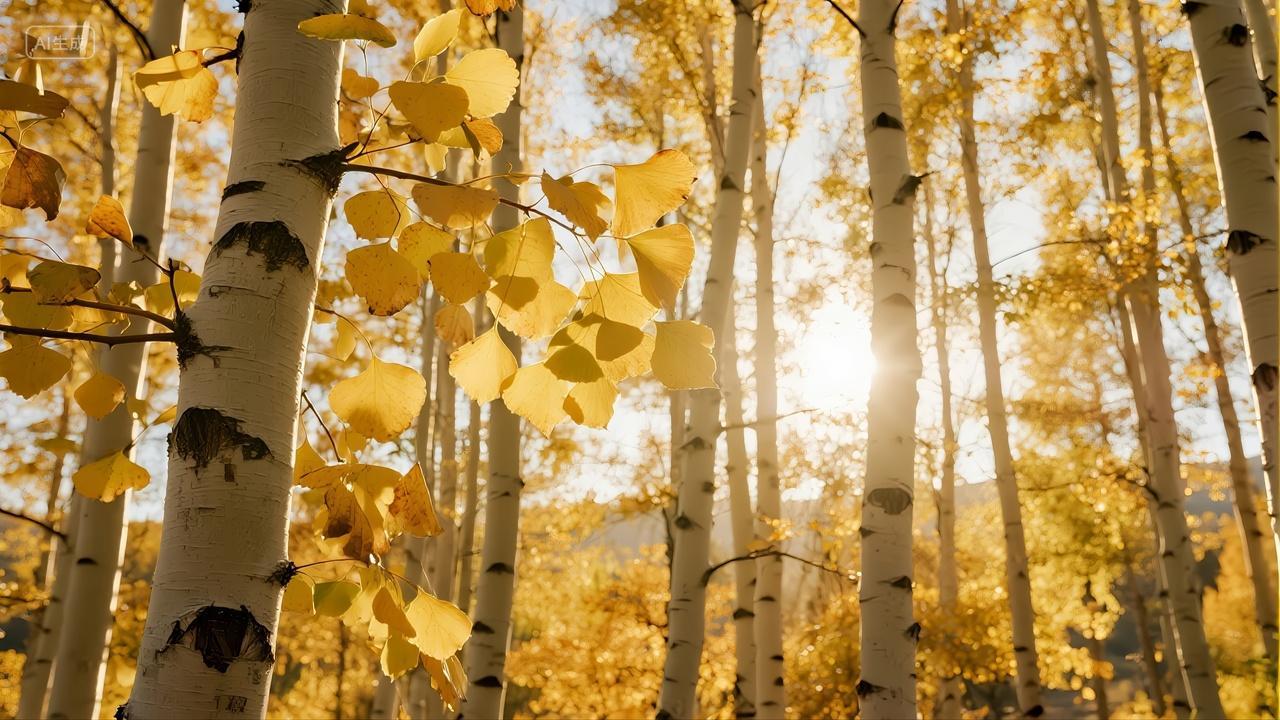 立秋节气白桦林阳光治愈系旅游风景背景