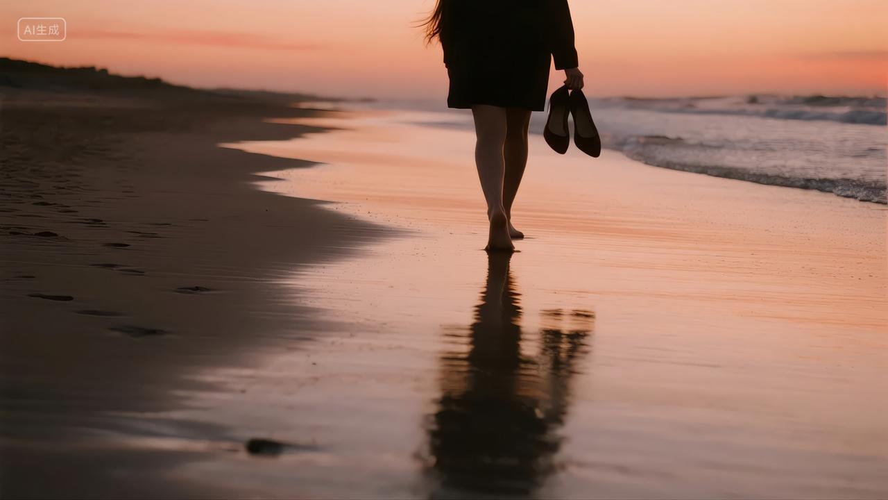 海滩日落黄昏散步旅行治愈系人像风景背景