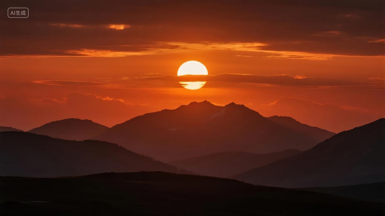 日落时分层峦叠嶂壮丽风景励志背景图