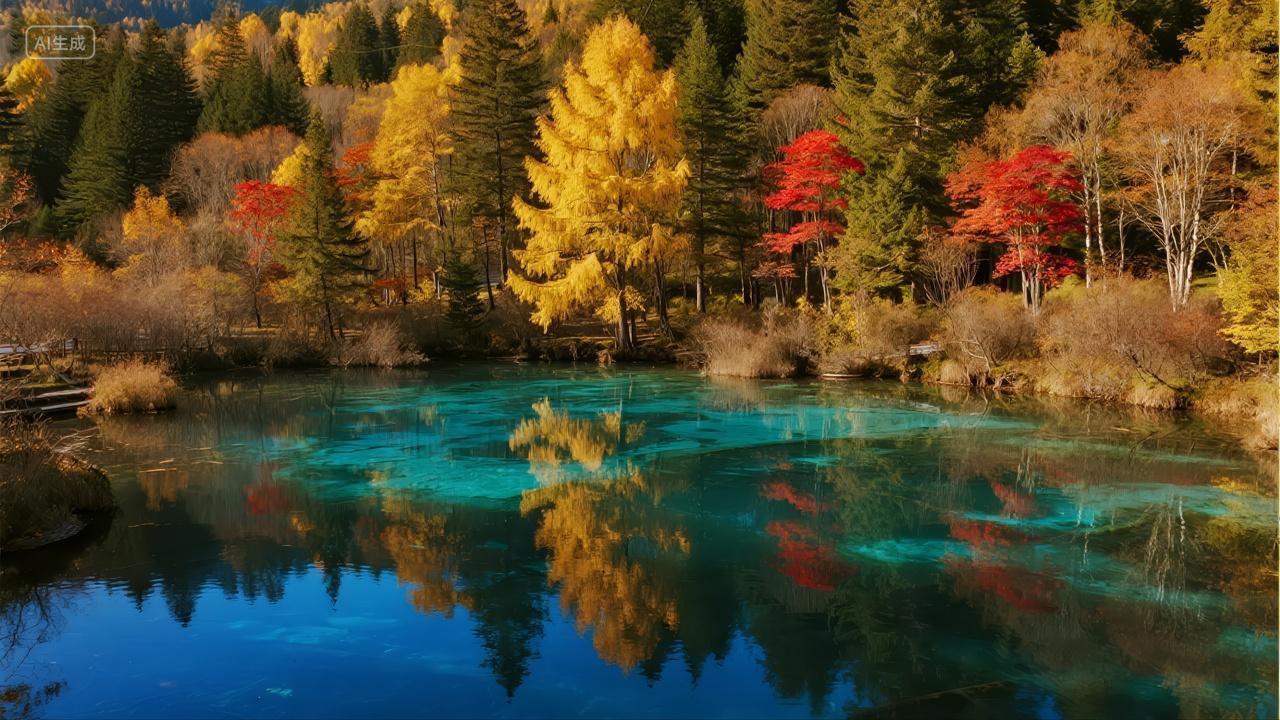 立秋节气九寨沟彩林湖泊倒影自然风景背景