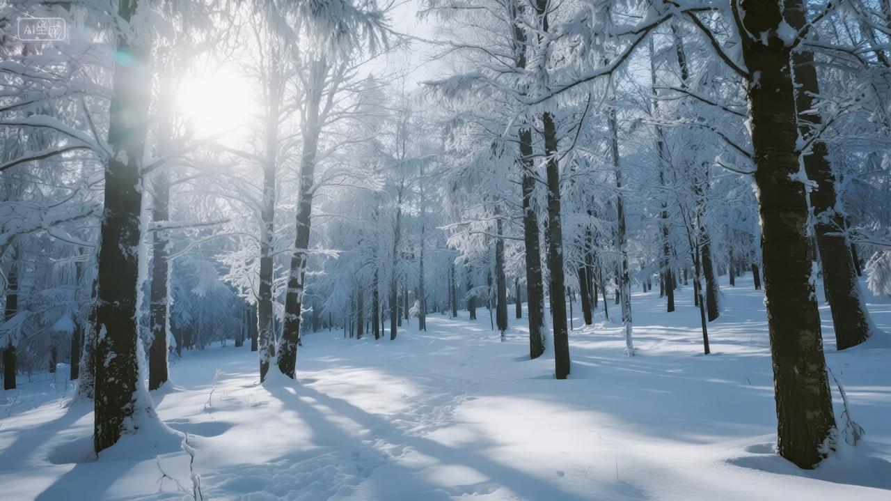 冬季森林雪景阳光穿透树林治愈系背景