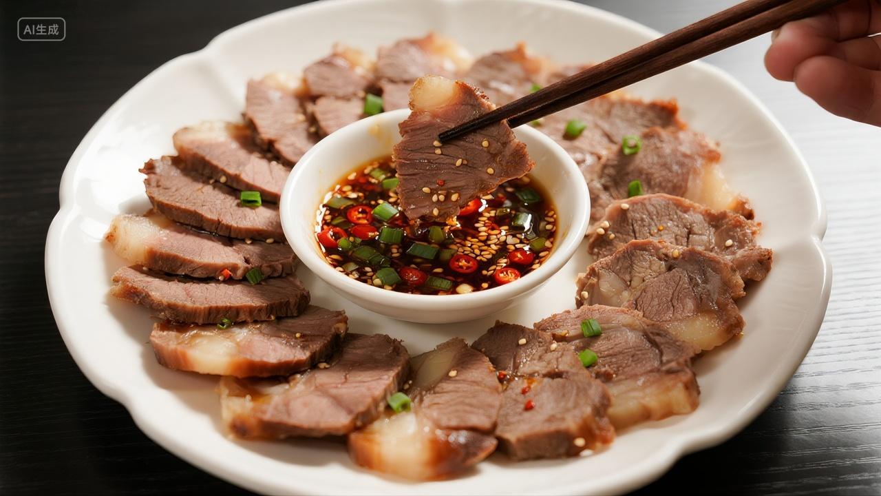 一盘凉拌牛肉中间一碟子蘸料