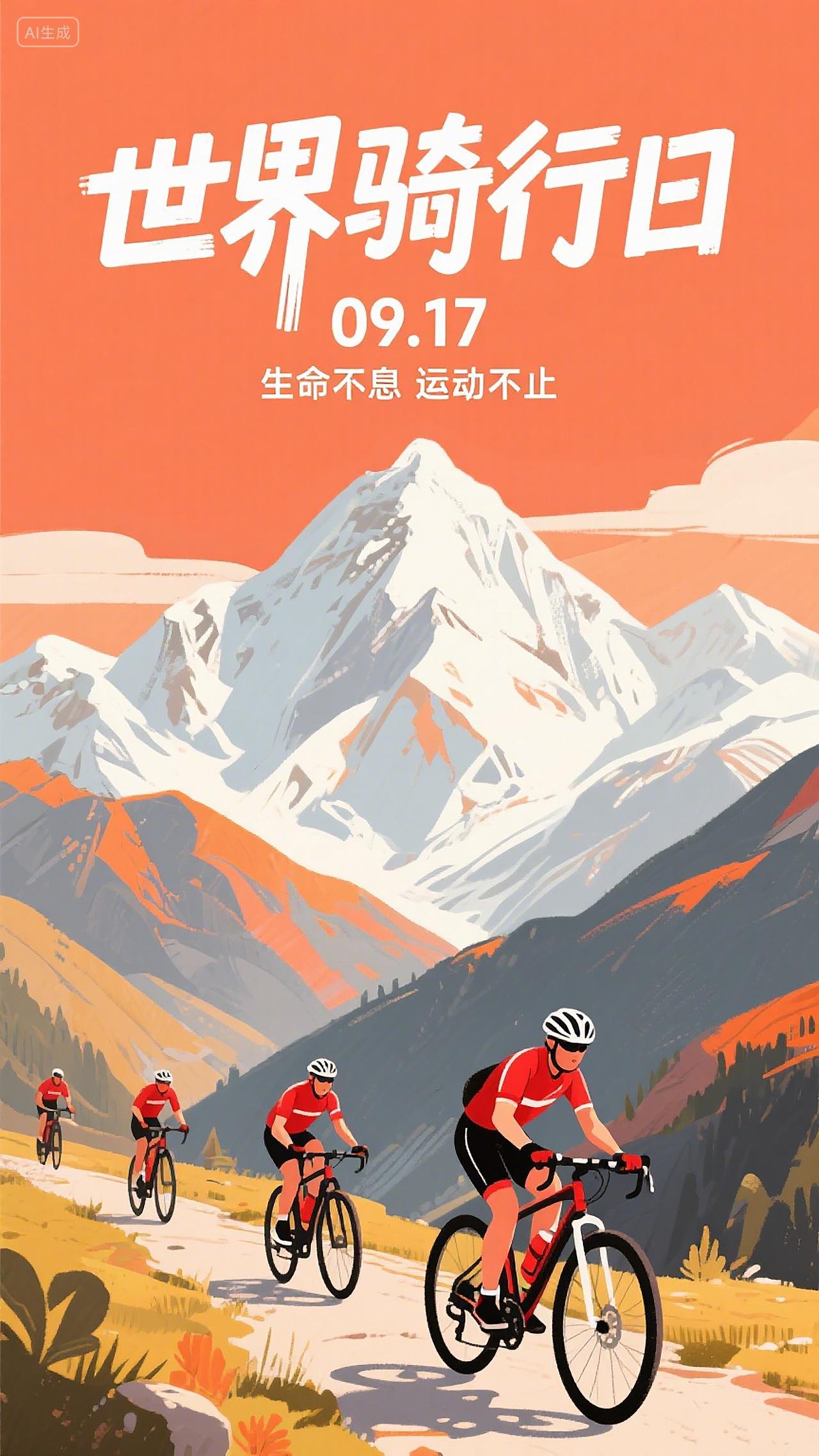 世界骑行日主题插画海报骑行者骑行在山间小路上积极向上运动氛围