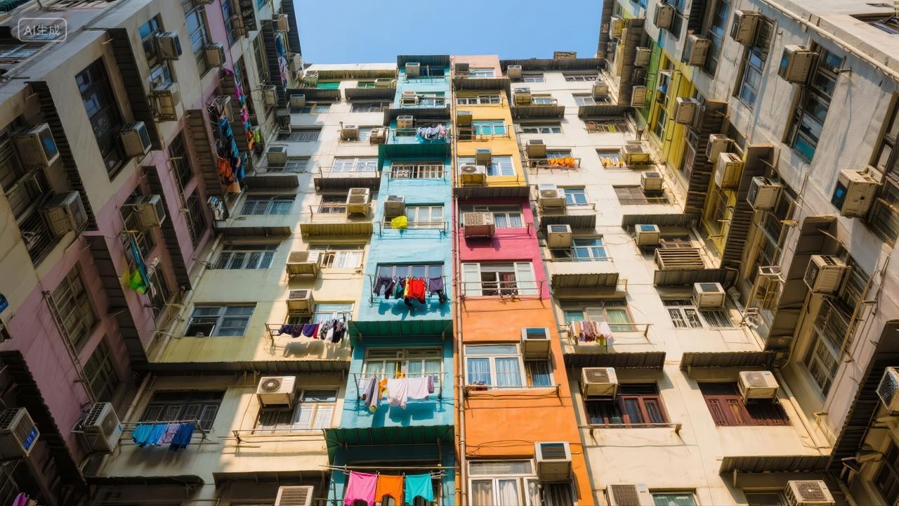 城市密集居民楼旧楼改造仰视生活背景