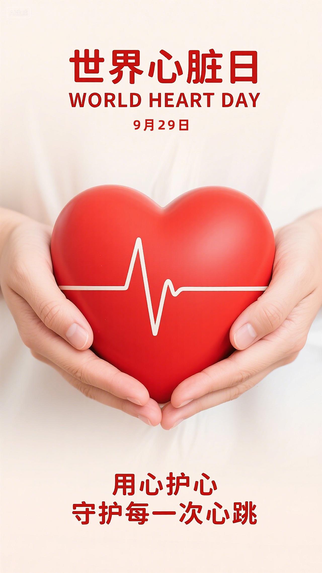 9月29日世界心脏日海报一颗心形被一双手轻柔地托捧传达出呵护之心