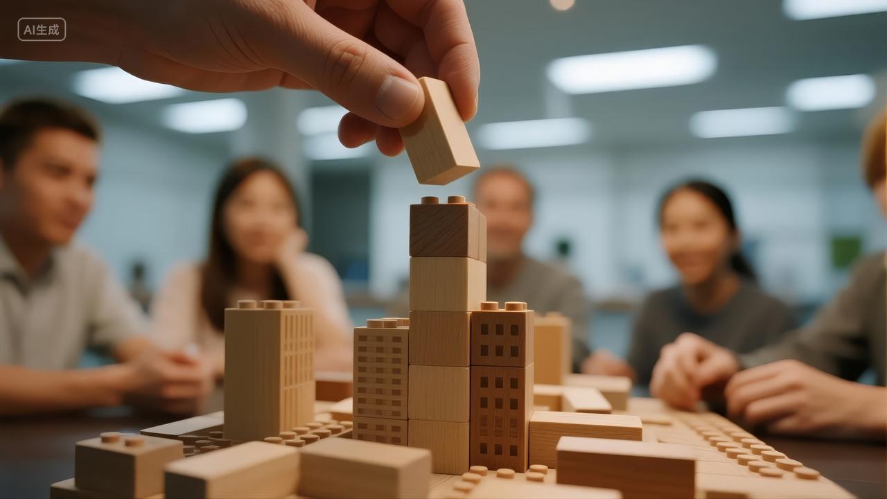 团队合作积木搭建企业规划建设背景图
