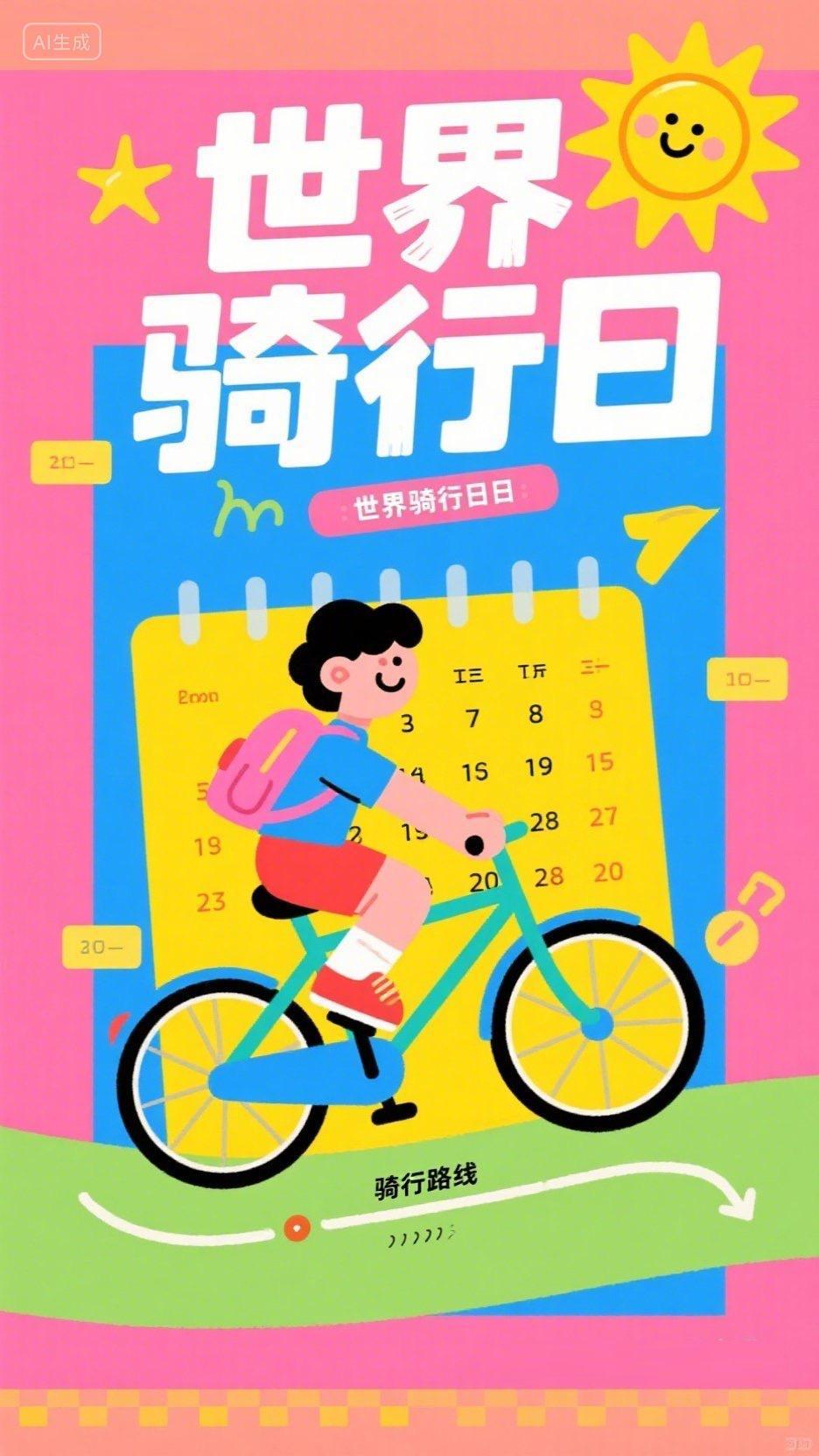 卡通扁平风世界骑行日海报