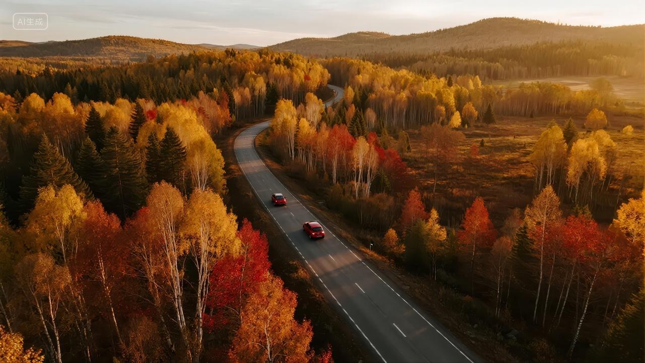 秋分节气航拍高速公路秋色森林自驾游背景