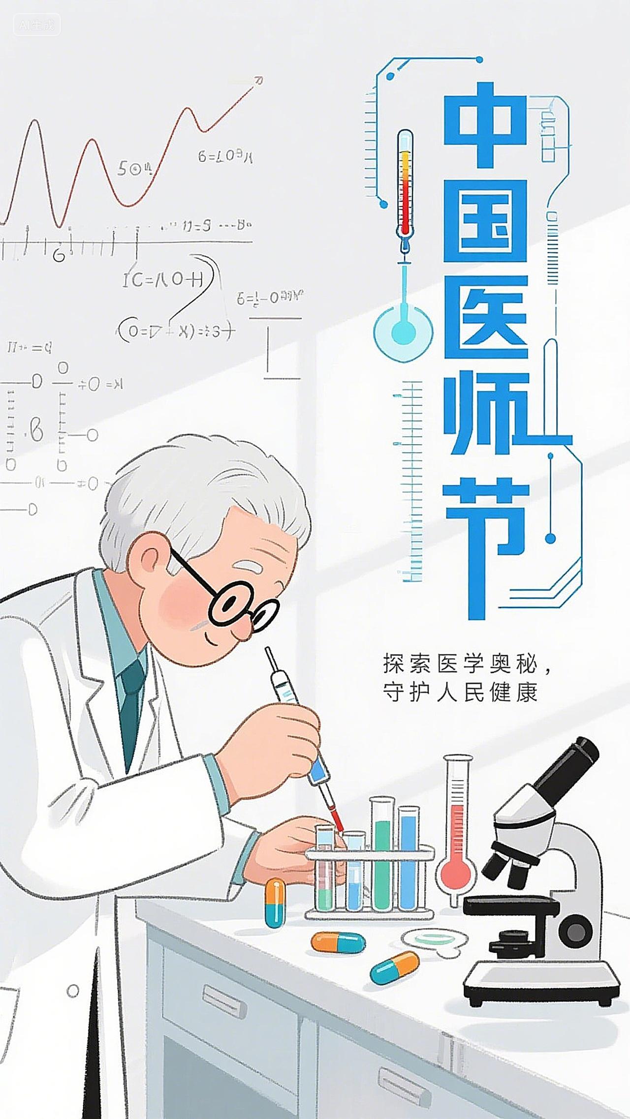 中国医师节海报素材探索医学奥秘实验室场景手绘插画风节日宣传