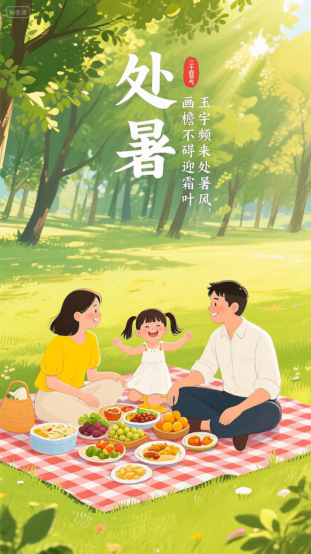 二十四节气处暑插画手绘风户外野餐家庭欢乐氛围海报素材节气海报