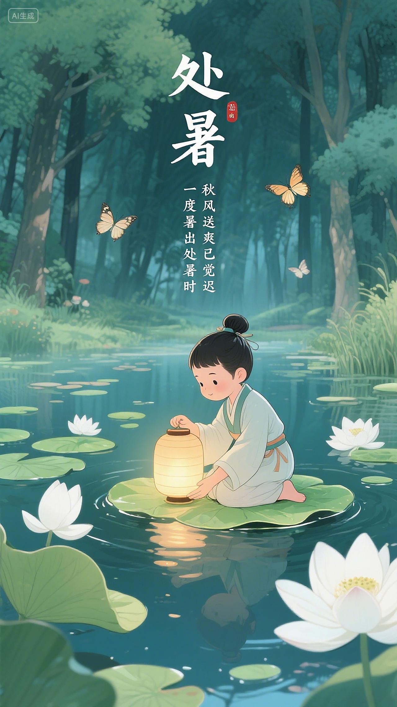节气海报处暑插画身着传统服饰的孩童蹲坐在水边荷叶上手捧灯笼