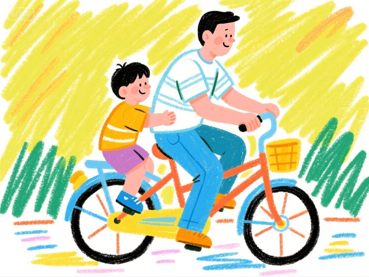 蜡笔风格爸爸和儿子骑自行车亲子互动插画