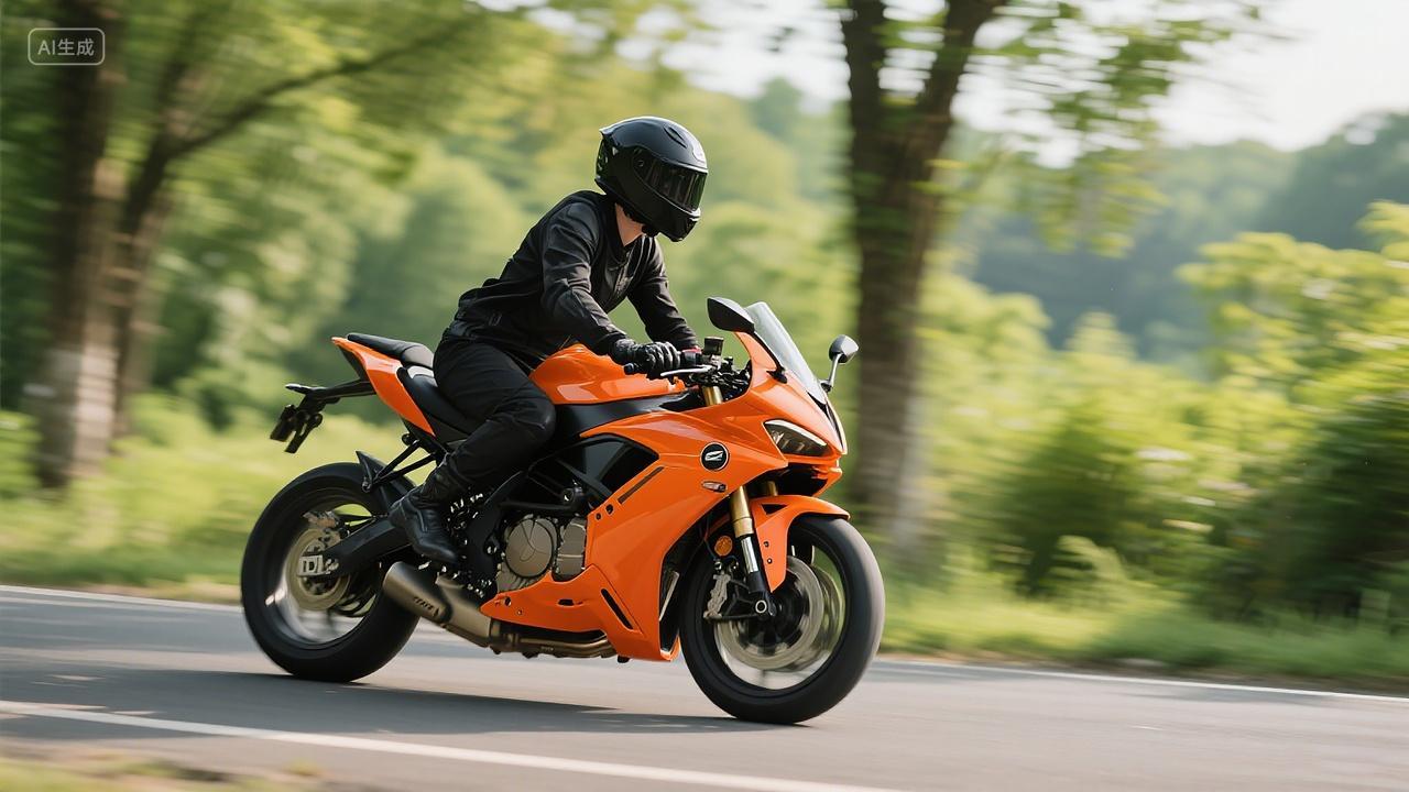 公路摩托骑行骑手着黑衣戴黑盔驾驶橙色摩托疾驰公路背景绿意朦胧