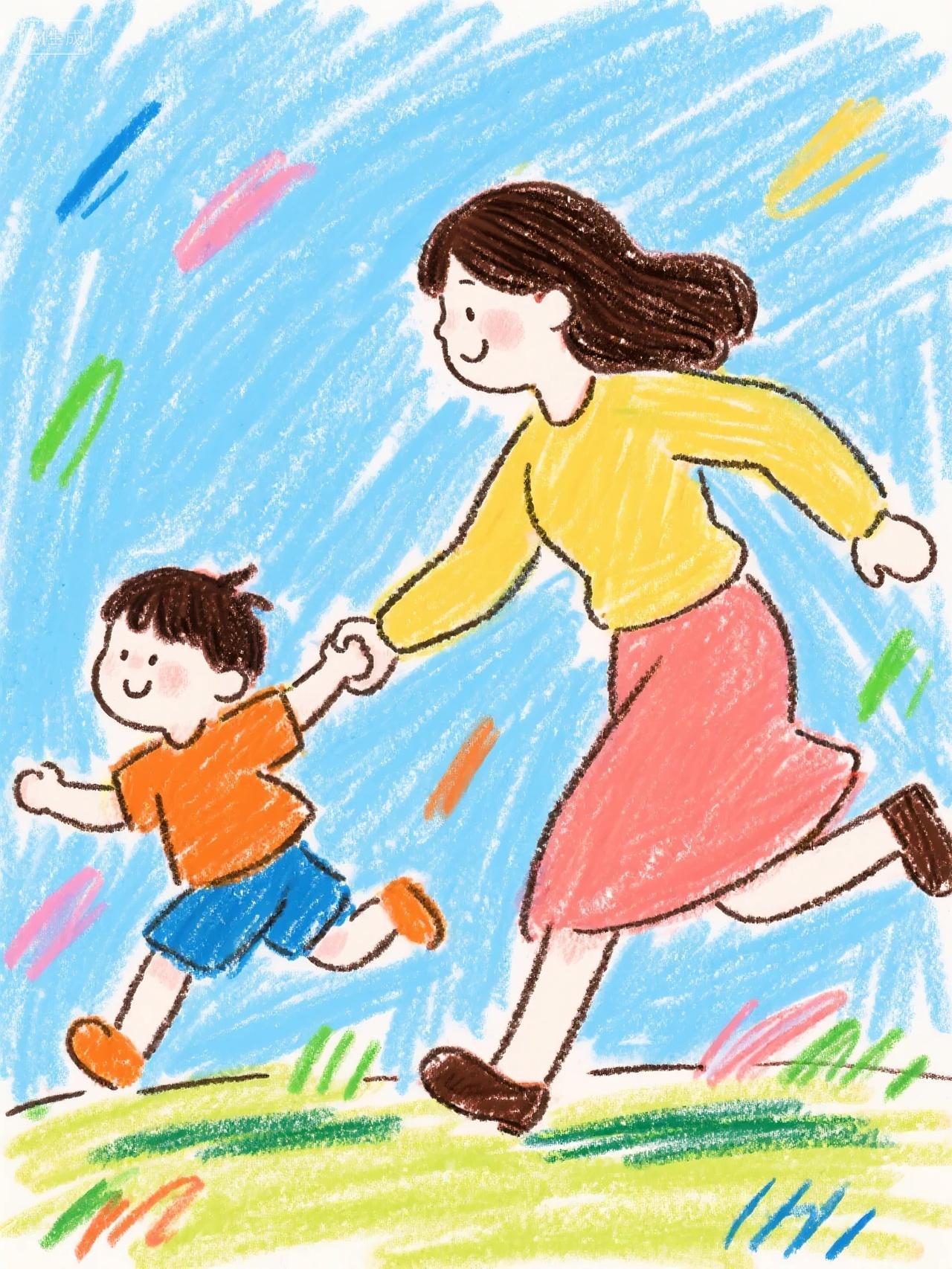 蜡笔风格妈妈和儿子一起奔跑亲子互动插画