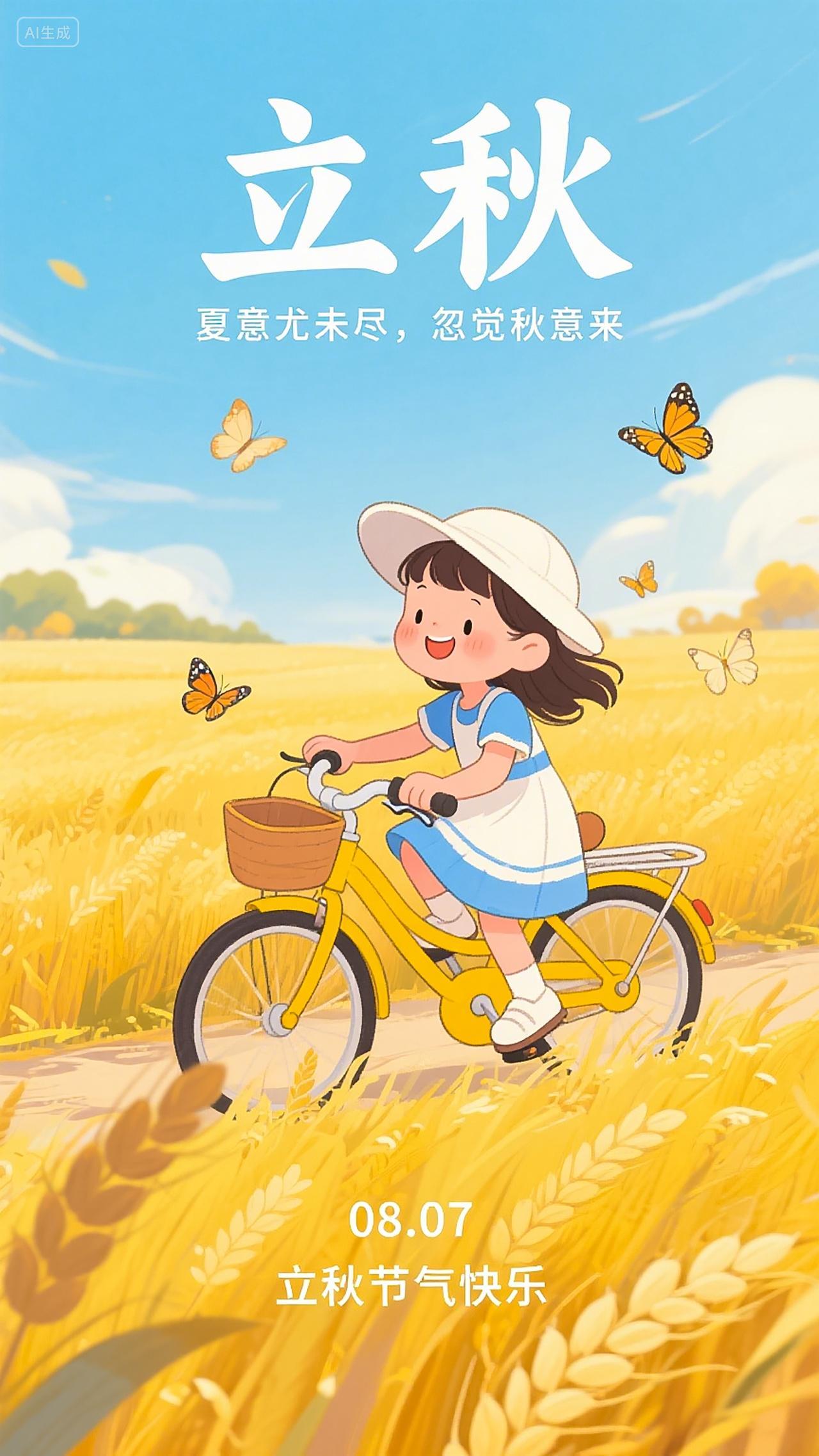 立秋节气海报手绘插画风格一位小女孩骑自行车穿行在金黄色麦田中