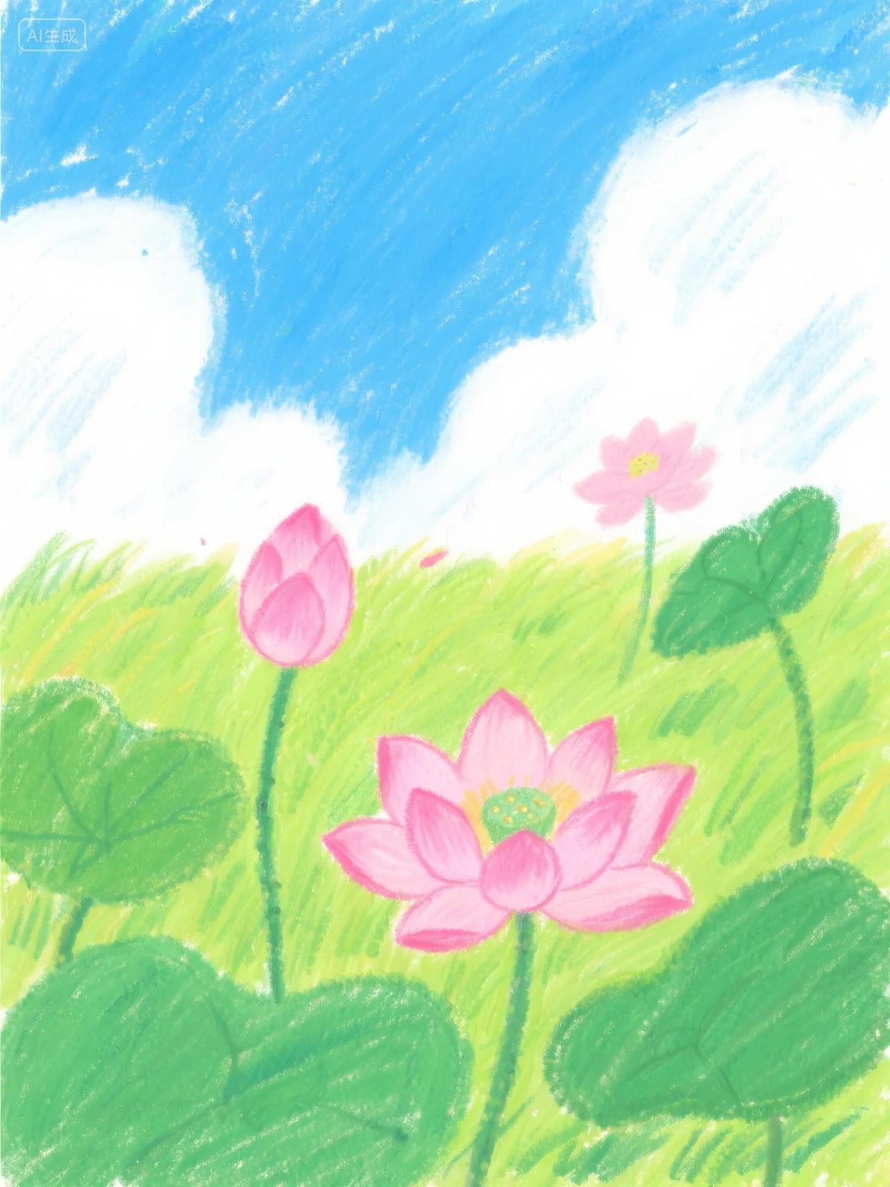 蜡笔风格夏季荷花插画儿童画