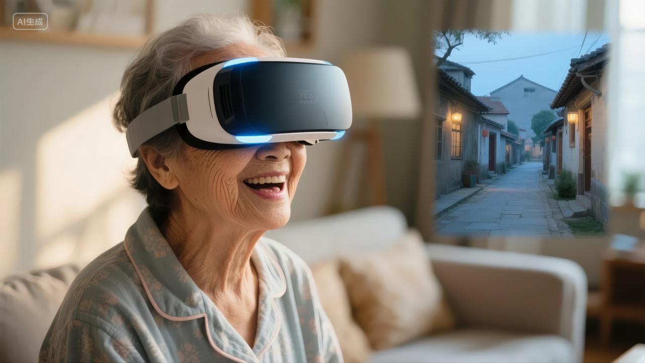 老年人VR虚拟现实体验元宇宙养老生活背景