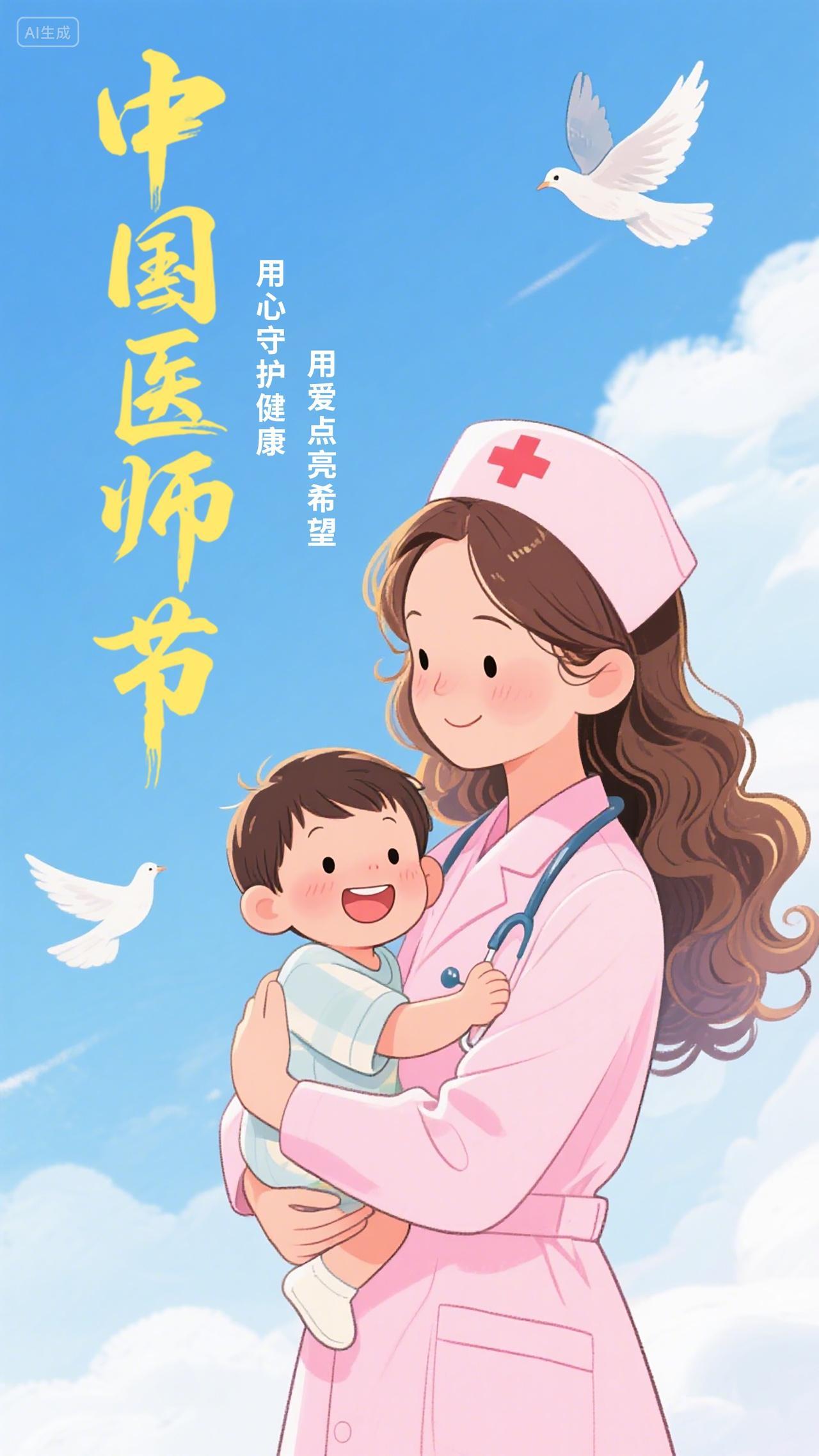 中国医师节海报素材女性医护人员温柔地怀抱孩童节日宣传人物插画