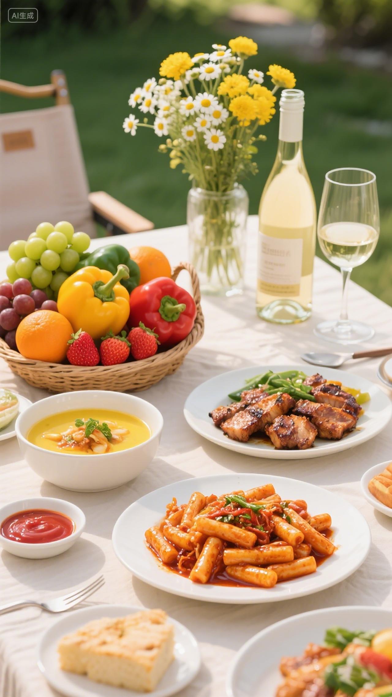 户外餐桌水果篮烤肉炒年糕浓汤白葡萄酒搭配绿植营造惬意野餐场景