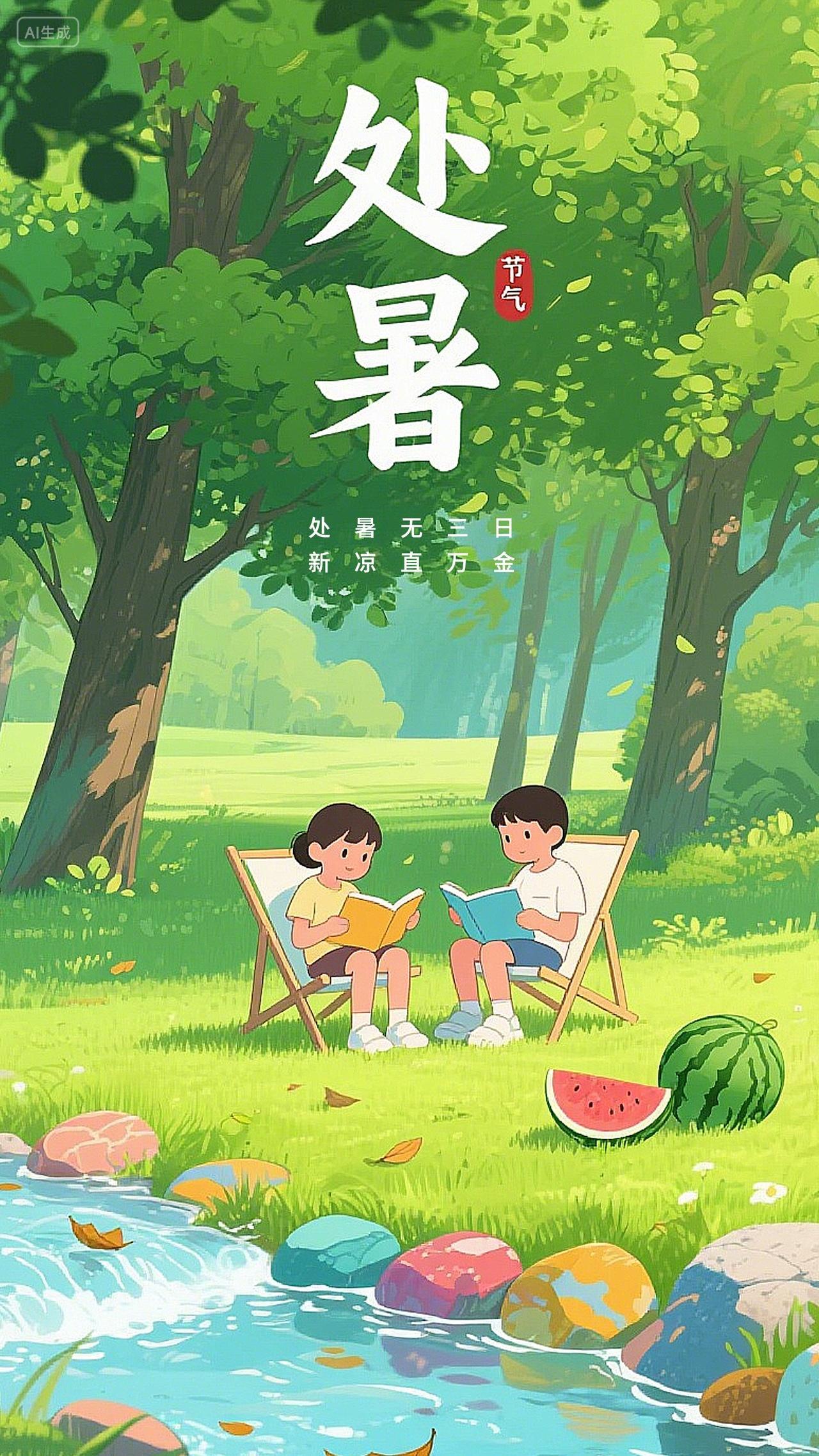 插画处暑二十四节气海报素材两位孩童坐在草地上的椅子专注地阅读