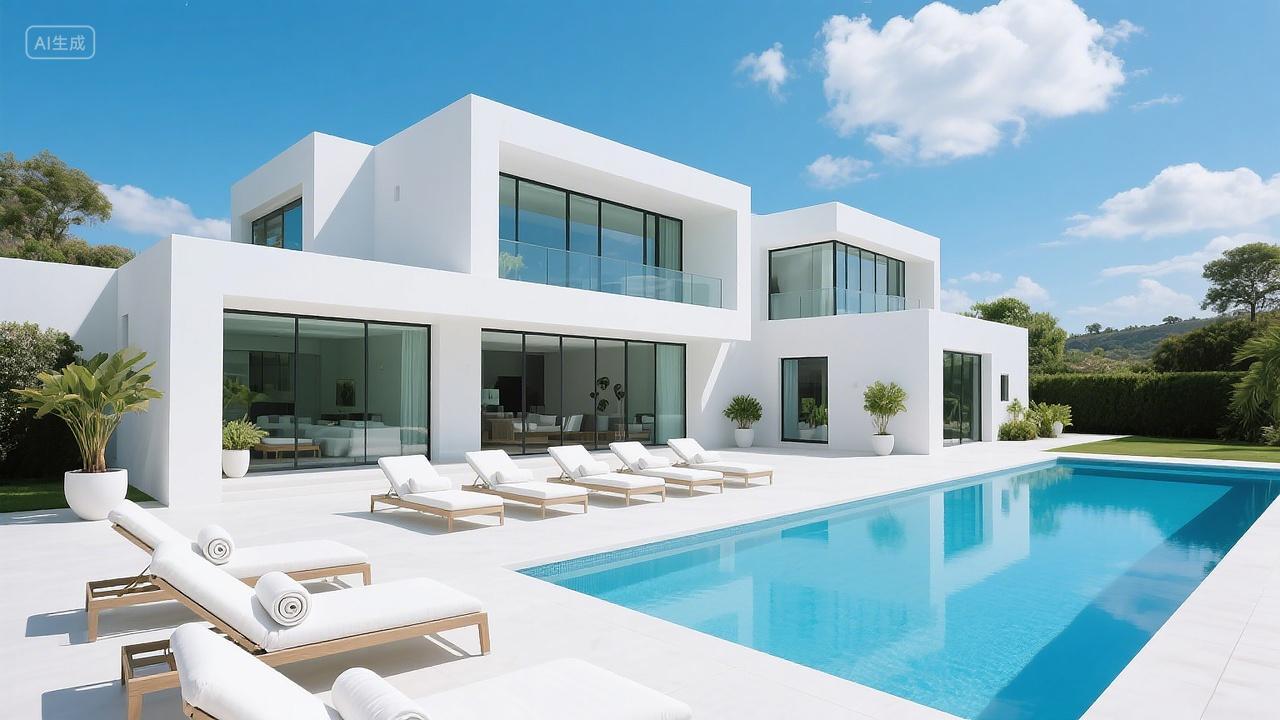 现代别墅泳池蓝天白云下白色现代别墅搭配清澈泳池池边躺椅整齐