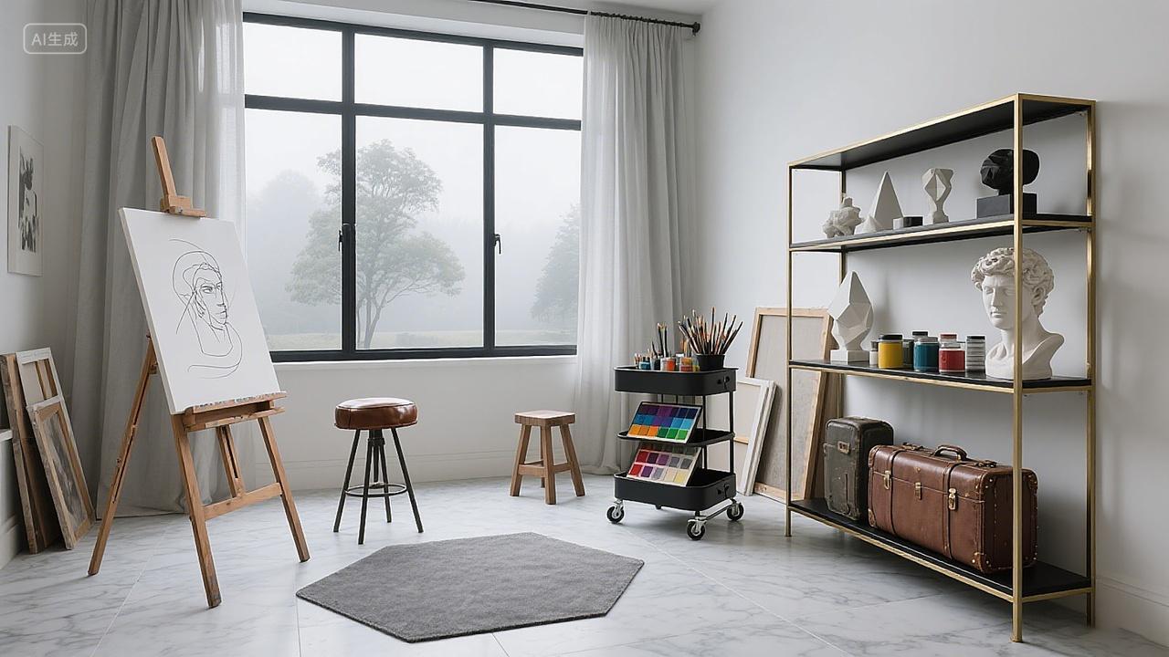 艺术创作空间画室里画架颜料雕塑等创作工具齐全大窗户引入自然光