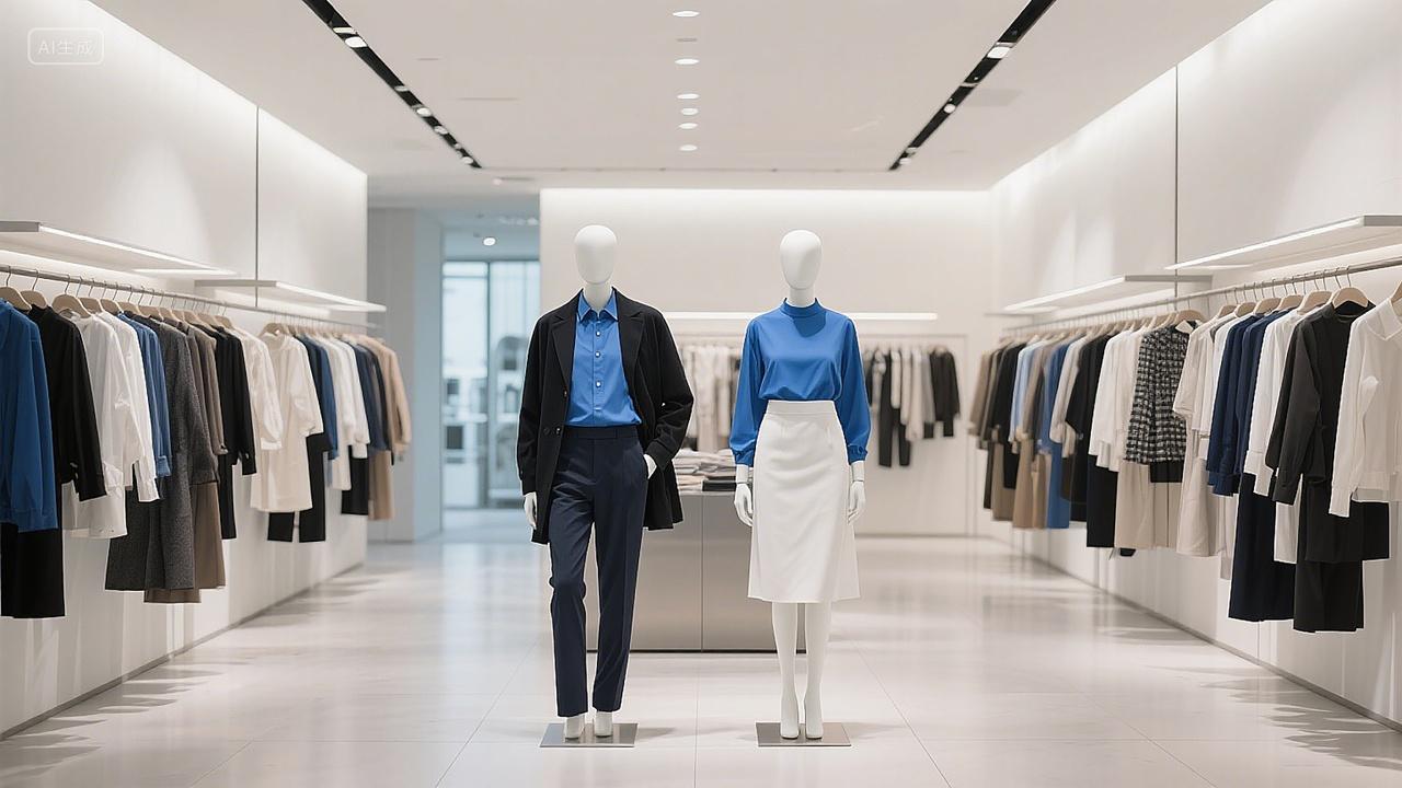 时尚简约服饰店店内场景黑白灰为主色调两侧挂满衣物中央模特展示